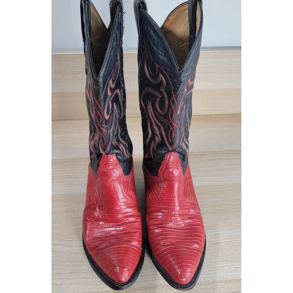 Tony Lama Leather Lizard Cowboy Boots Mens Size 9 D El Paso Black Red 8853 Vtg - Picture 2 of 13